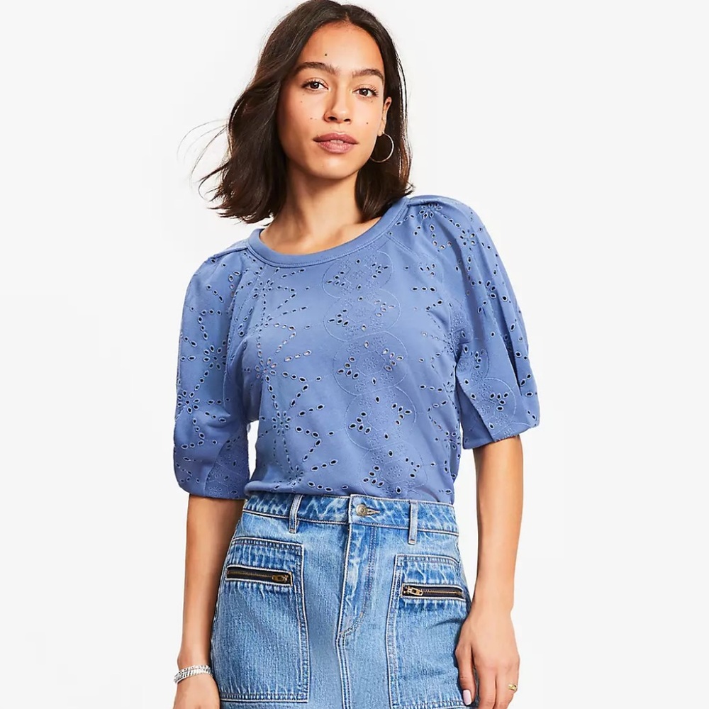 LOFT Blue Eyelet Short Sleeve Tee